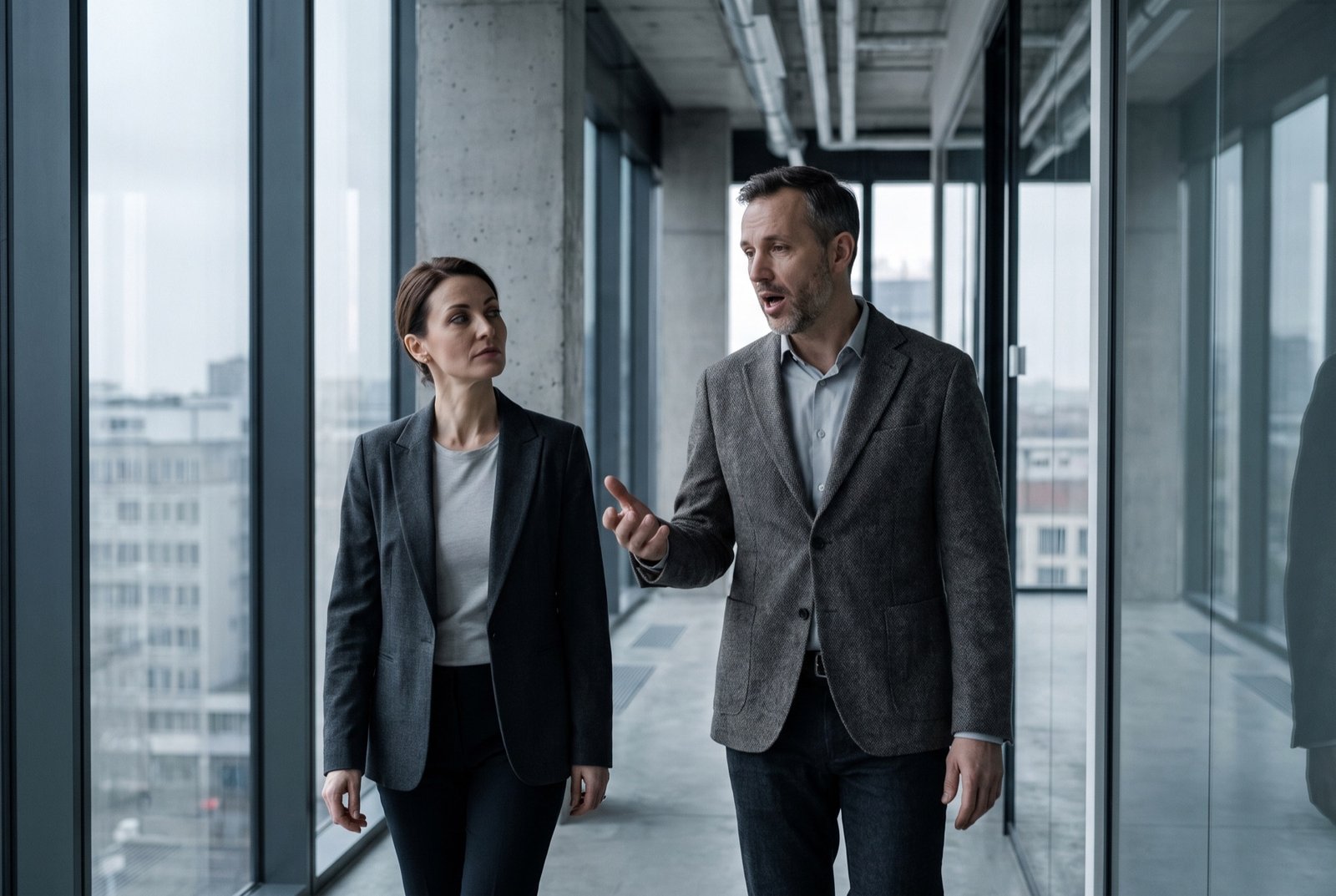 Two colleagues walking and talking together down a modern office corridor.