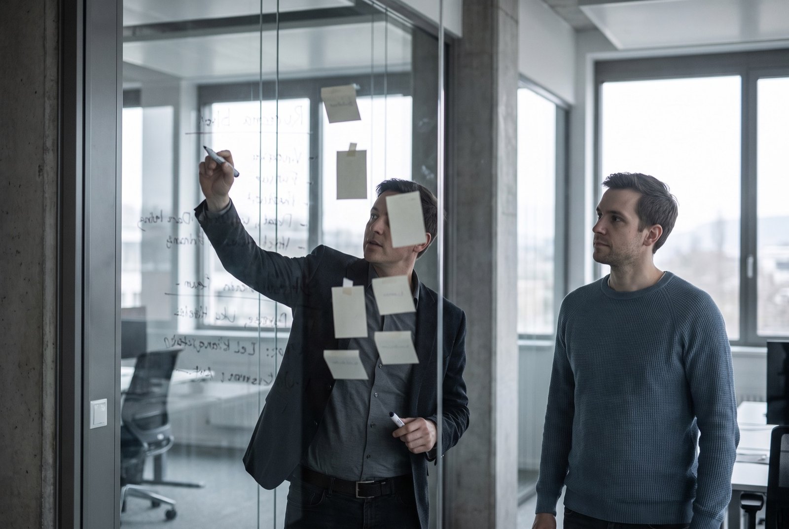 A sales professional working through a territory plan on a glass wall with a colleague.
