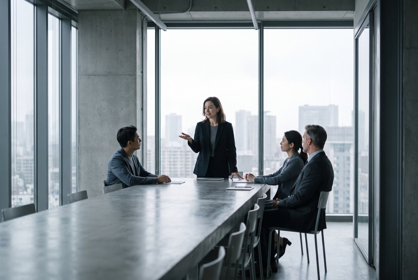 A sales representative presenting to a credentialing panel in a conference room.