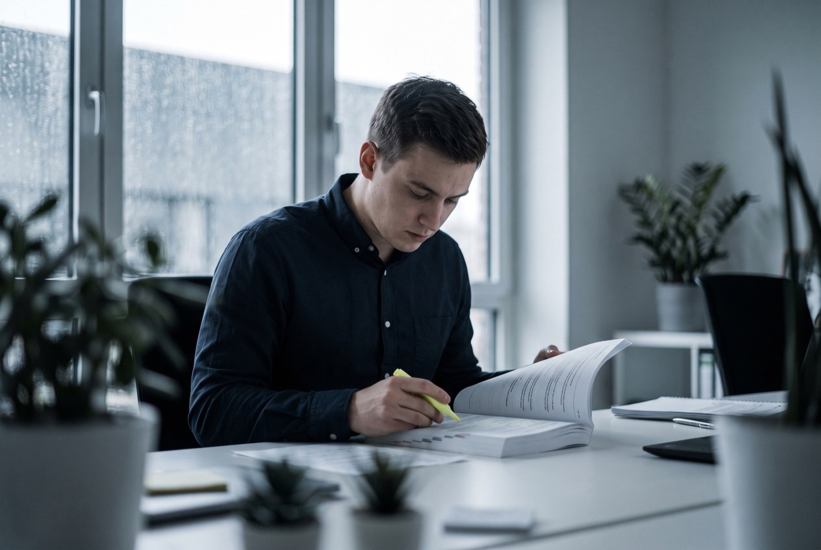 A new sales representative working through a printed manual with a highlighter.