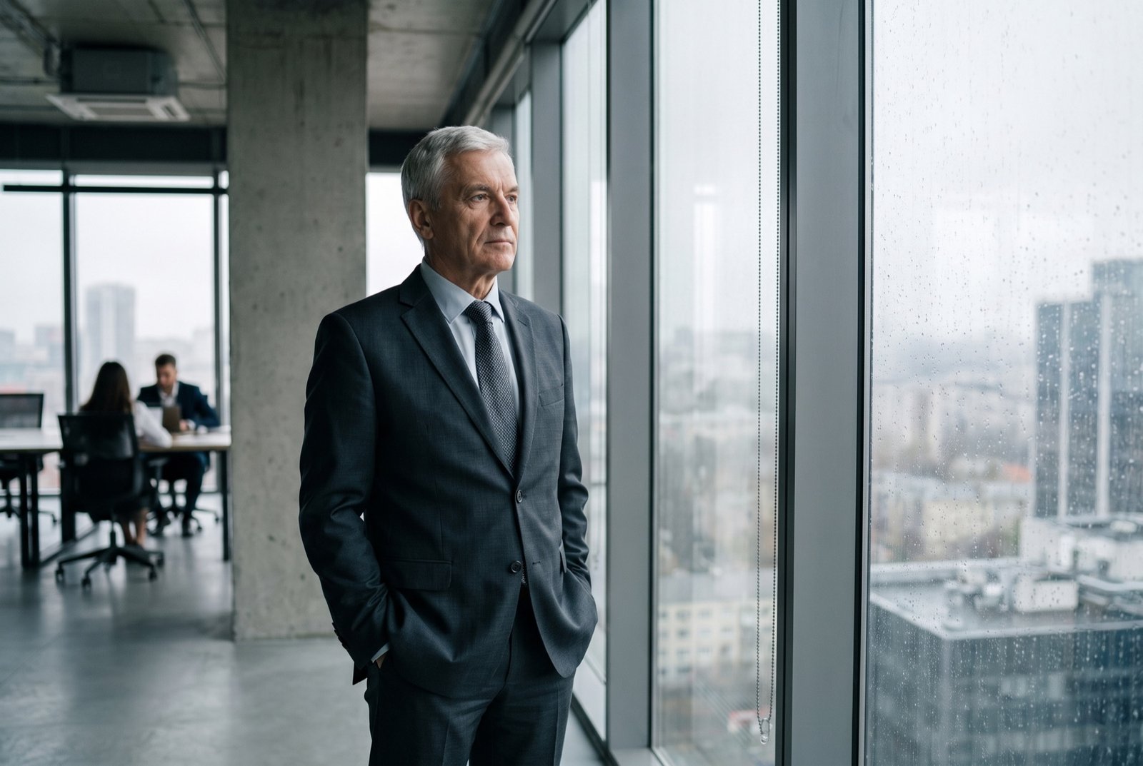 A senior sales professional standing in a modern office, composed and authoritative.