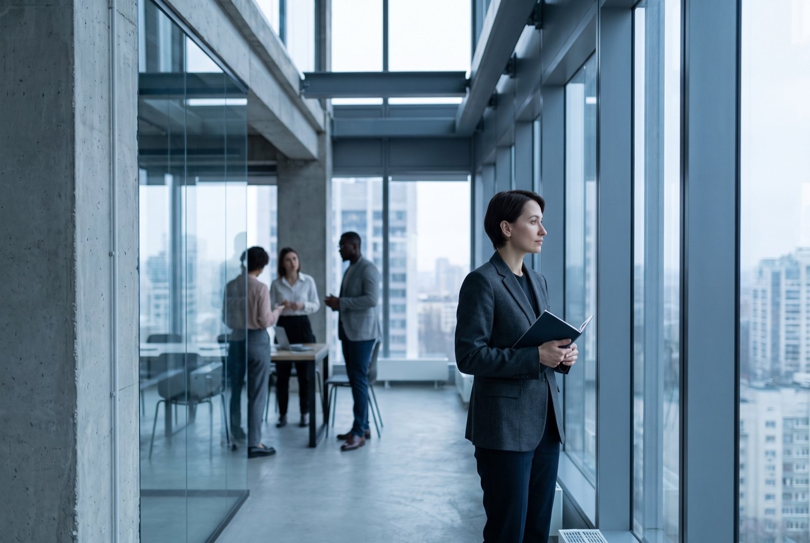 A sales representative on their first day, holding a notebook in a modern office.