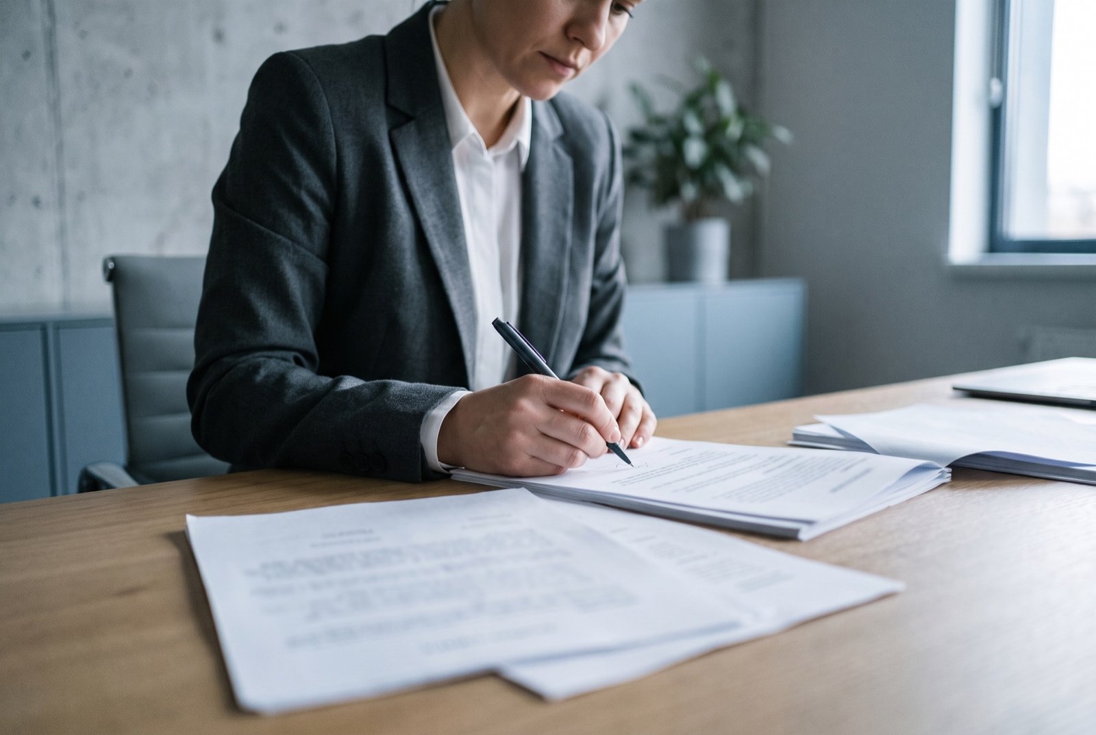 A sales representative annotating printed documents at a desk.