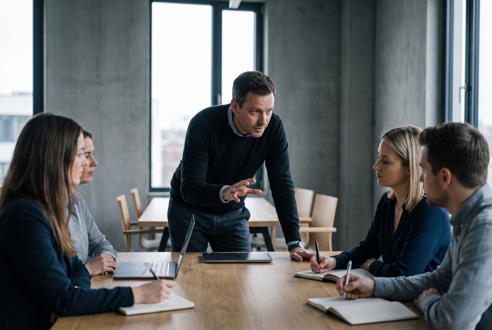 A sales professional leading a working session with colleagues around a table.